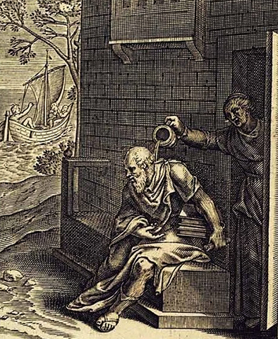 Изображение Ксантиппы, выливающей горшок с помоями на Сократа