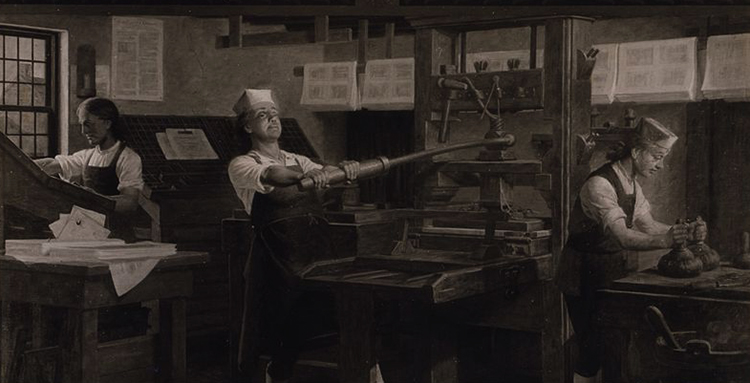 Бенджамин Франклин (в центре) за печатным станком. Репродукция картины Чарльза Миллса издательства Detroit Publishing Company.