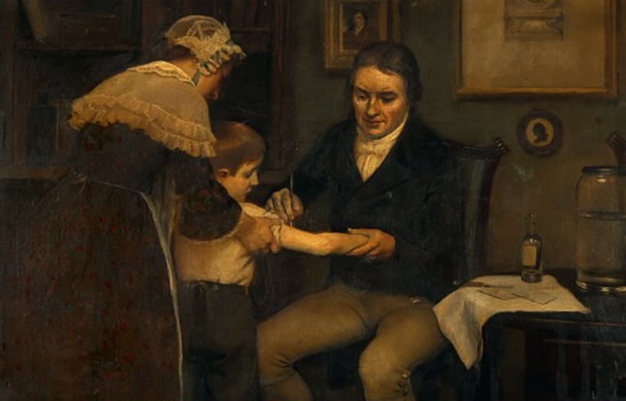 Доктор Дженнер проводит свою первую вакцинацию Джеймсу Фиппсу, мальчику 8 лет. 14 мая 1796 г.