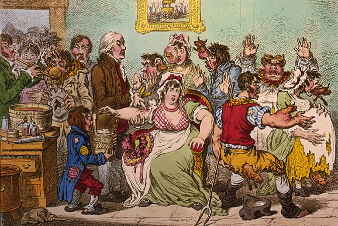Карикатура Джеймса Гиллрея 1802 года, на которой Дженнер вакцинирует пациентов, которые боялись что у них вырастут пустулы