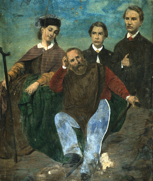 Гарибальди с Терезой, Менотти и Риччотти, его тремя выжившими детьми от брака с Анитой, ок. 1862 г.