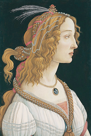 Портрет молодой женщины, возможно, Симонетты Веспуччи, 1484 год. Гравированный в римском стиле драгоценный камень на ее ожерелье принадлежал Лоренцо де Медичи.