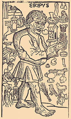 Ксилография Эзопа в окружении событий из его жизни из La vida del Ysopet con sus fabulas Historiadas (Испания, 1489 г.)