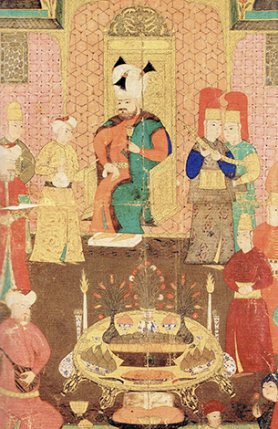 Османская миниатюра с изображением Мурада IV во время обеда