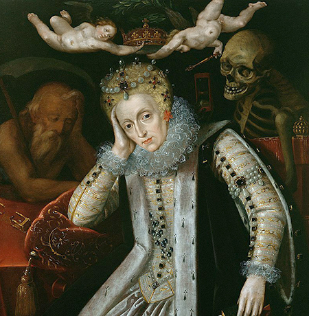 Елизавета I, на портрете около 1610 года. Время спит справа от нее, Смерть смотрит через ее левое плечо, два путти держат корону над ее головой