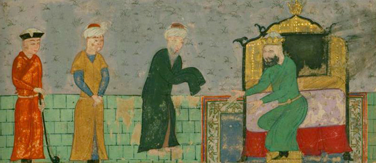Правитель Ильдегизидов Кызыл-Арслан приветствует Низами Гянджеви. Миниатюра 1481 года